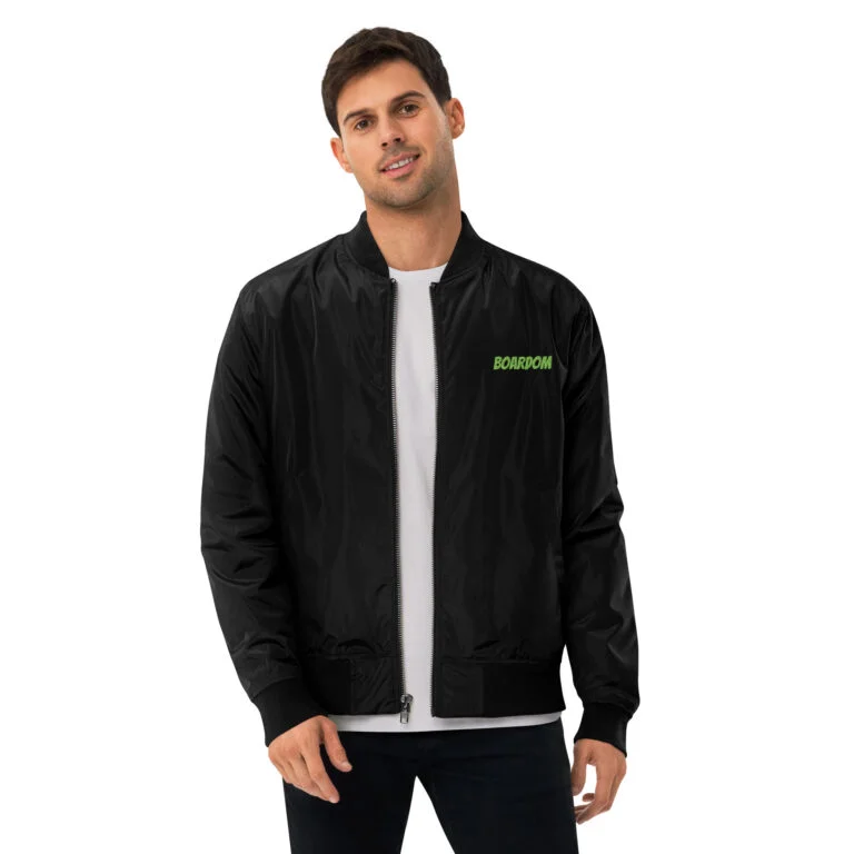 Men wearing black bomber-style jacket